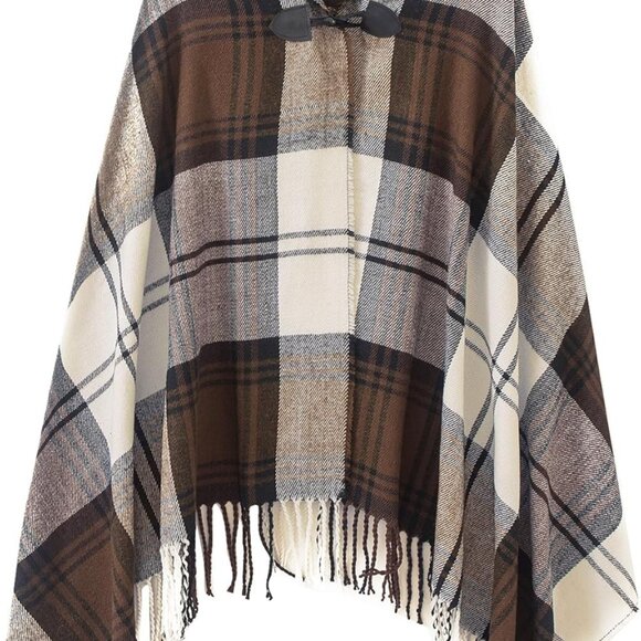 Women's Vintage Plaid Knitted Tassel Poncho Shawl Cape Button Cardigan - Picture 1 of 5